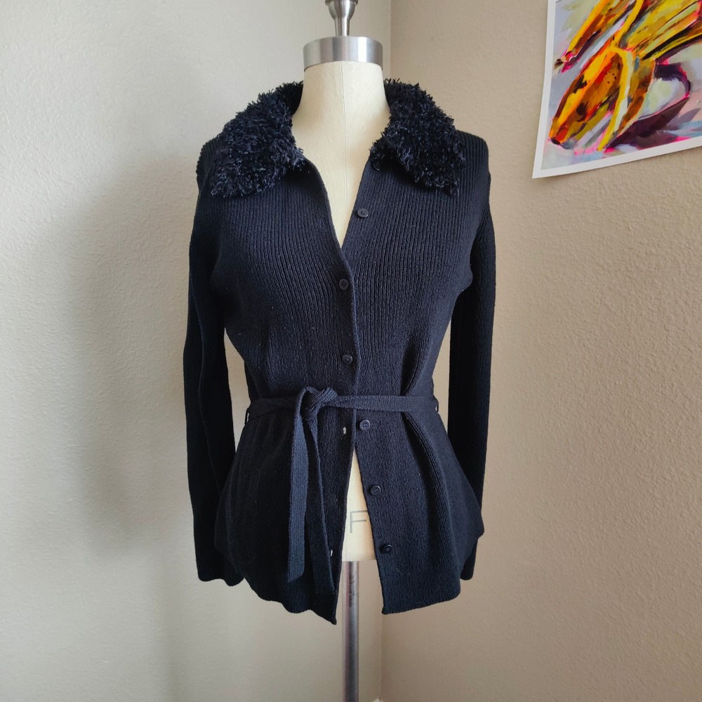 Max Studio Vintage Y2K Black Faux Fur Trim Belted Ribbed Cardigan Sweater M